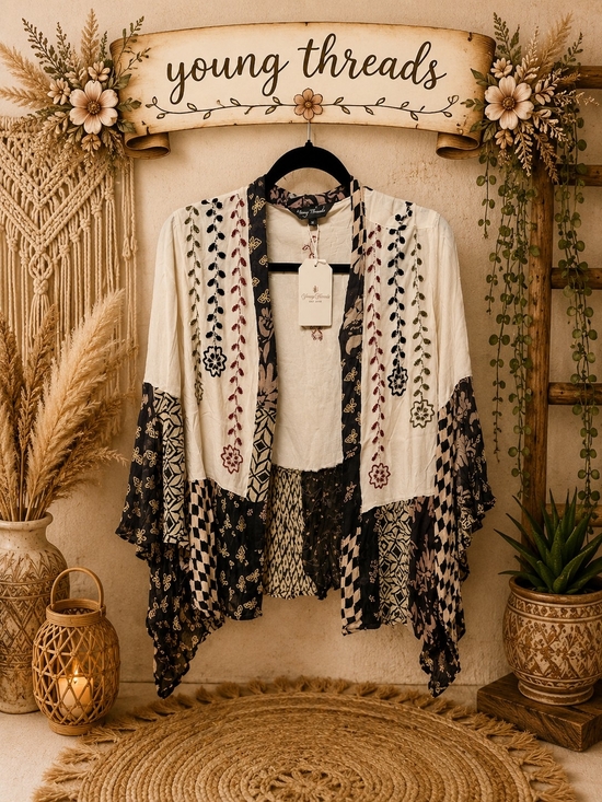Young Threads Other - 109 Boho Floral Embroidered Cream & Black Kimono